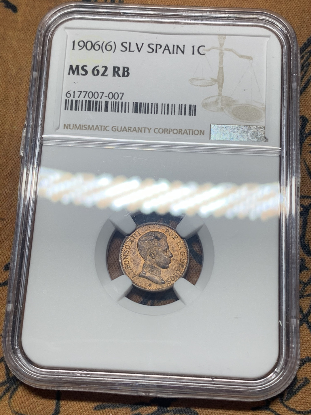 《竞宝斋》钱币微拍-第26场 元旦特刊（全场顺丰包邮） NGC-MS62 西班牙 1906年 阿方索十三世 1分 铜币 原光好品