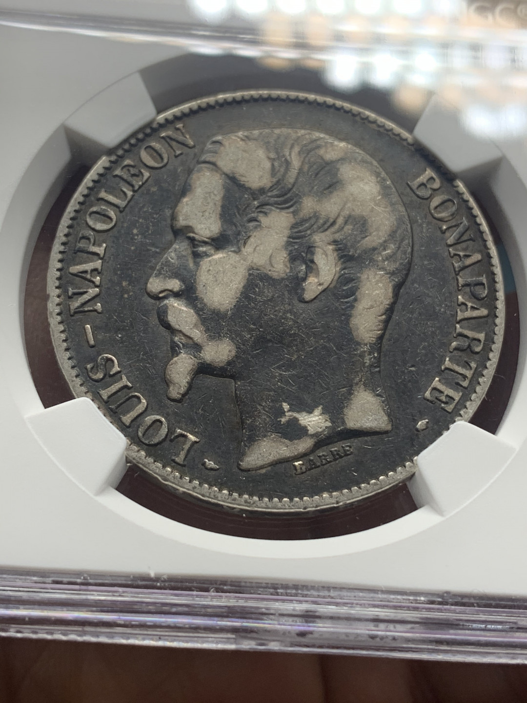 《竞宝斋》钱币微拍-第26场 元旦特刊（全场顺丰包邮） NGC-VF 法国 1852-A年 拿破仑光头版 5法郎 大银币 黑白阴阳包浆