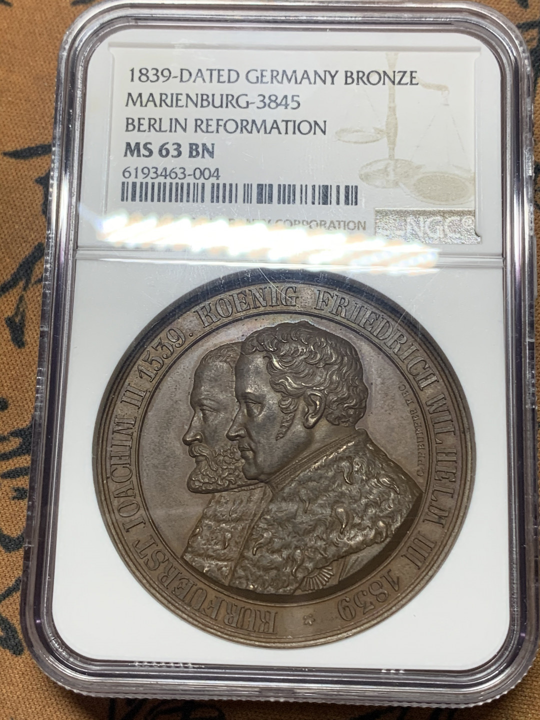 《竞宝斋》钱币微拍-第26场 元旦特刊（全场顺丰包邮） NGC MS63 BN德国1839年 加厚盒 宗教改革400周年铜章 巧克力包浆