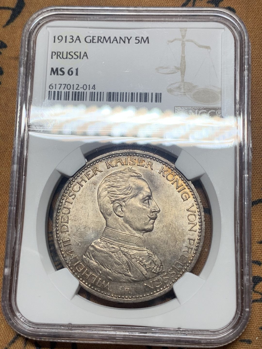 《竞宝斋》钱币微拍-第26场 元旦特刊（全场顺丰包邮） NGC-MS61 德国普鲁士 1913年 5马克 军装版 原光带彩好品