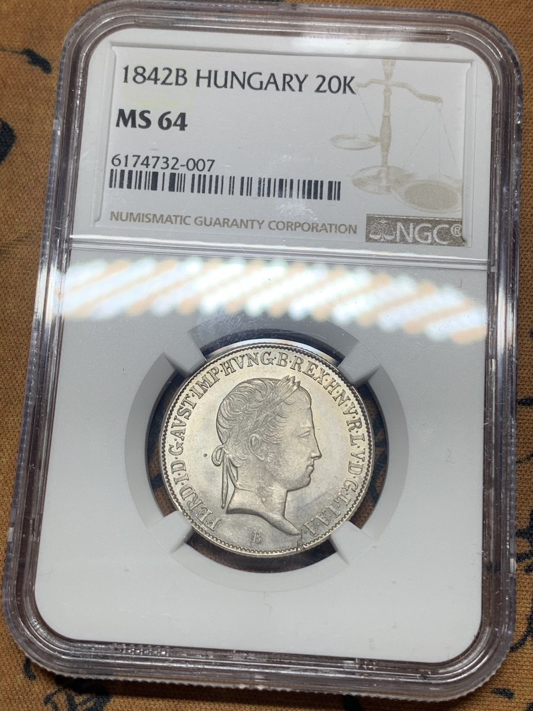 《竞宝斋》钱币微拍-第26场 元旦特刊（全场顺丰包邮） 冠军 NGC-MS64 匈牙利 1842-B年 费迪南五世 20K 银币 原光好品 顶级品相