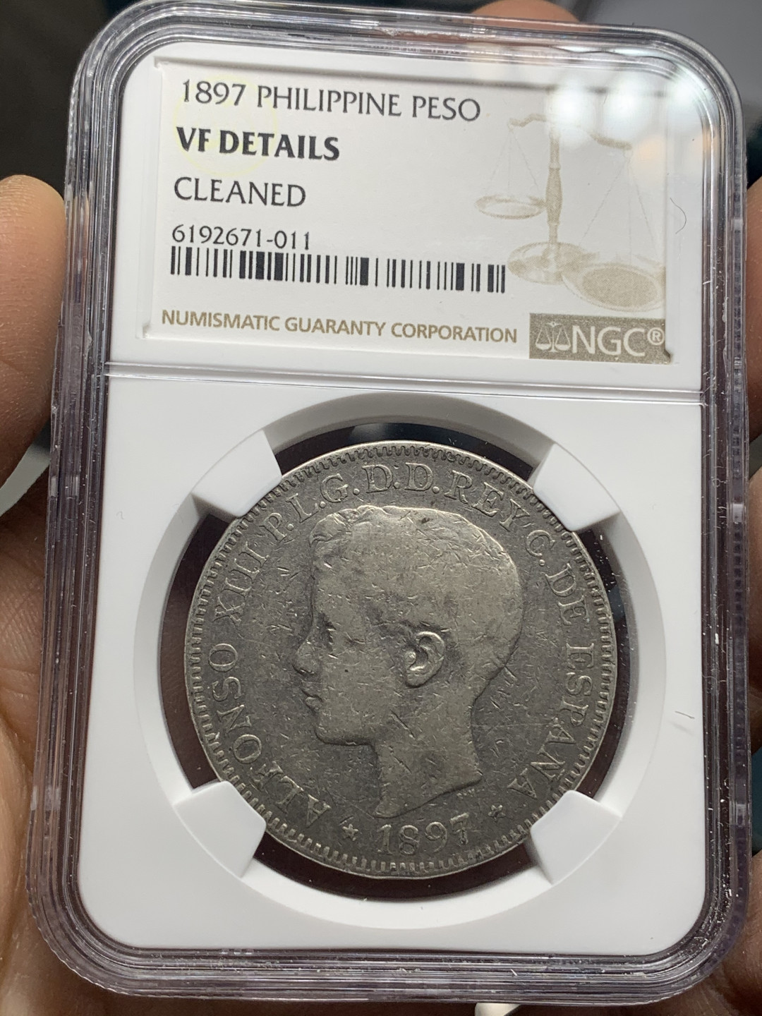 《竞宝斋》钱币微拍-第26场 元旦特刊（全场顺丰包邮） NGC-VF 西属菲律宾 1897年 阿方索十三世 1比索 大银币 稀少品种 不是西班牙本土双柱
