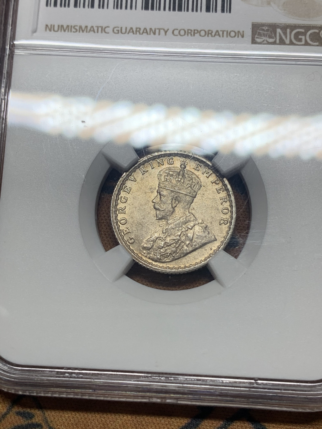 《竞宝斋》钱币微拍-第26场 元旦特刊（全场顺丰包邮） NGC-MS61 印度 1913年 乔五 1/4卢比 原光银币 早期乔五比较少见