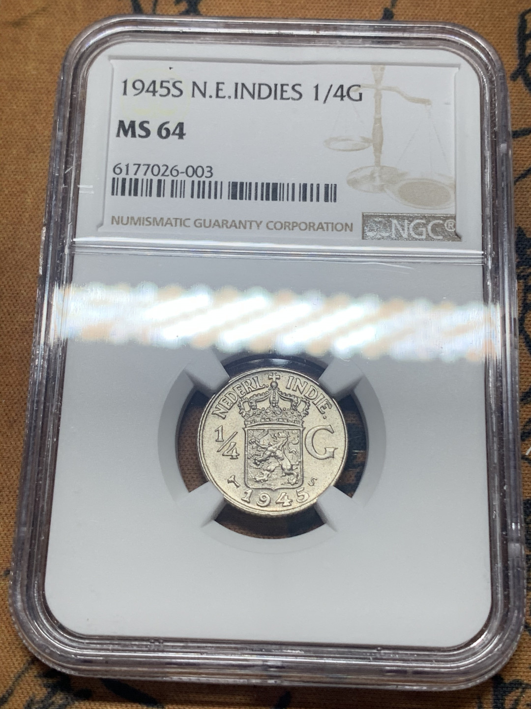 《竞宝斋》钱币微拍-第26场 元旦特刊（全场顺丰包邮） NGC-MS64 荷属东印度 1945-S年 1/4盾 原光顶级品相
