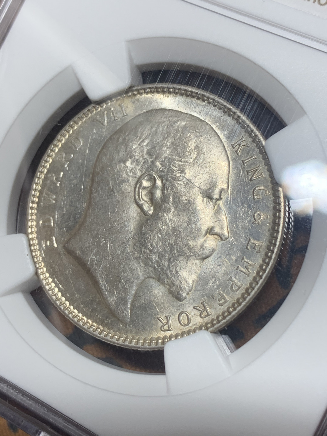 《竞宝斋》钱币微拍-第26场 元旦特刊（全场顺丰包邮） NGC-UNC 英属印度 爱德华七世 1905年C版 1卢比银币 老国王胡须及头发清晰可见 UNC品相 爱德华肖像细节很好