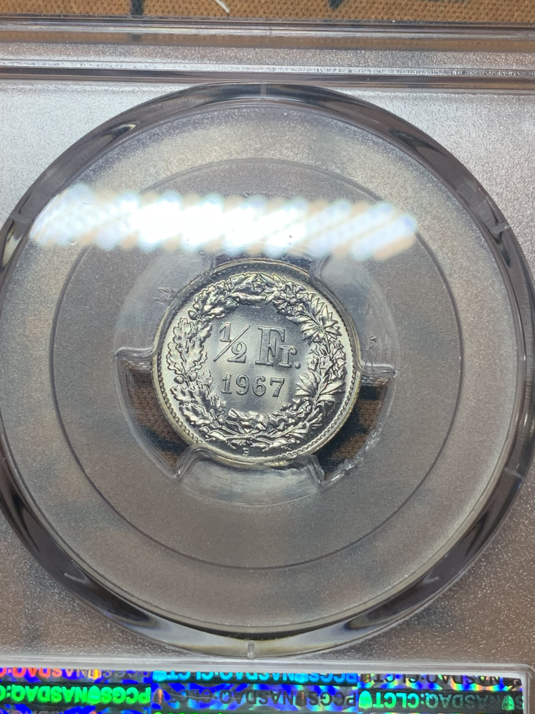 《竞宝斋》钱币微拍-第26场 元旦特刊（全场顺丰包邮） PCGS-MS67超高分！ 1967年瑞士1/2法郎银币 