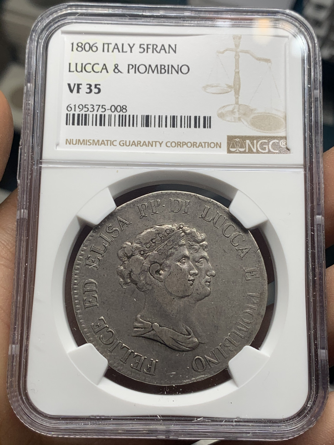 《竞宝斋》钱币微拍-第26场 元旦特刊（全场顺丰包邮） NGC-VF35 意大利卢卡 1806年 5法郎 大银币 原味老包浆 比这枚高分的也就7枚 很难出分