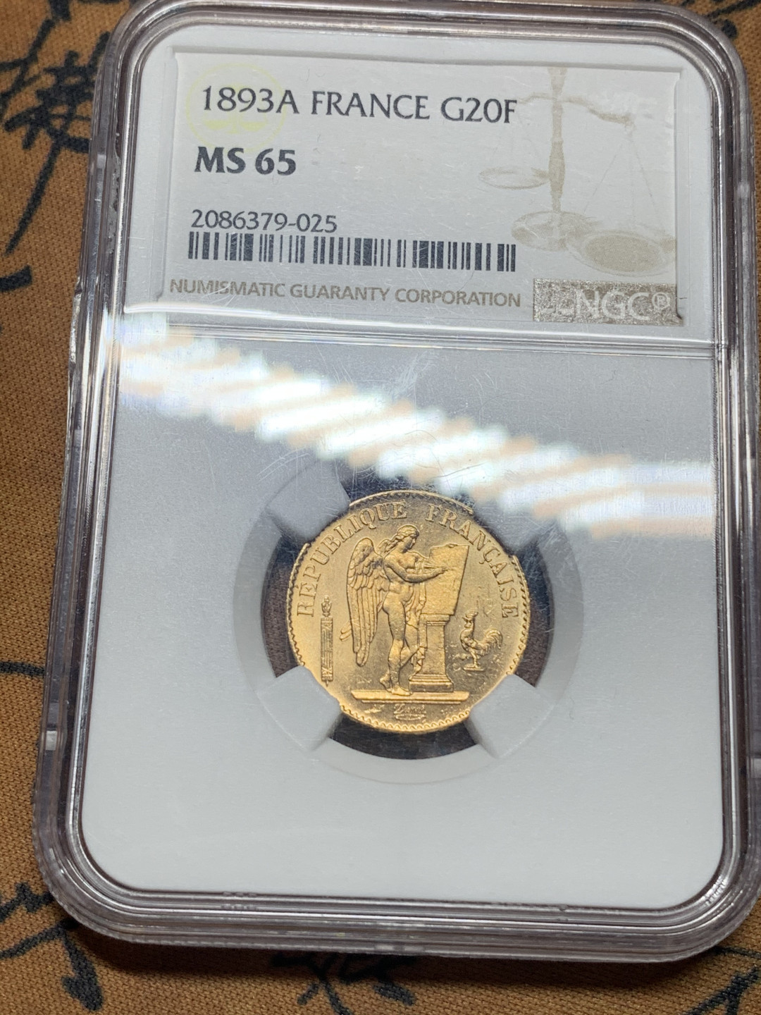 《竞宝斋》钱币微拍-第26场 元旦特刊（全场顺丰包邮） NGC-MS65 法国1893年20法郎天使金币  顶级高分，65难得一见 状态太赞