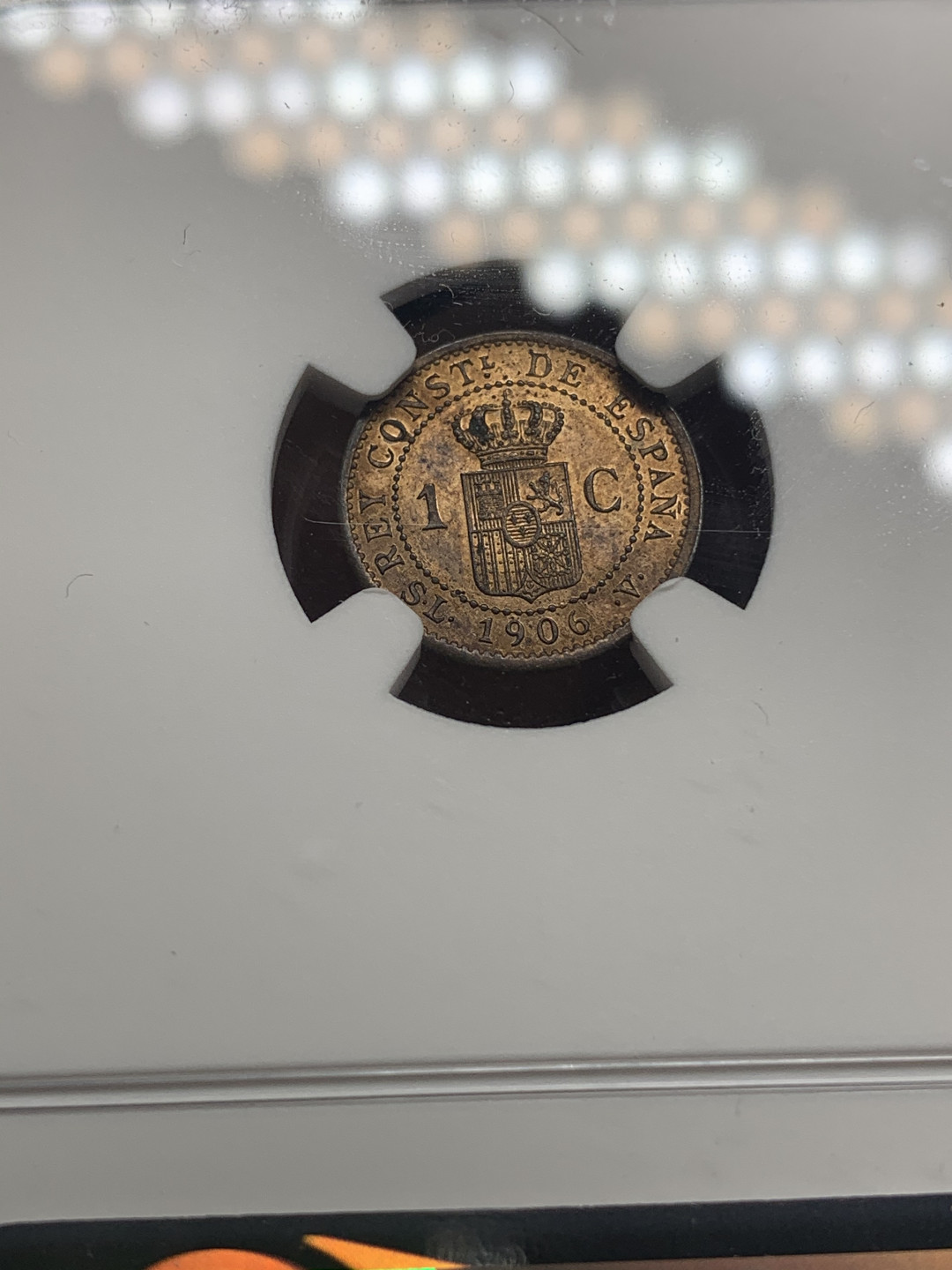 《竞宝斋》钱币微拍-第26场 元旦特刊（全场顺丰包邮） NGC-MS62 西班牙 1906年 阿方索十三世 1分 铜币 原光好品