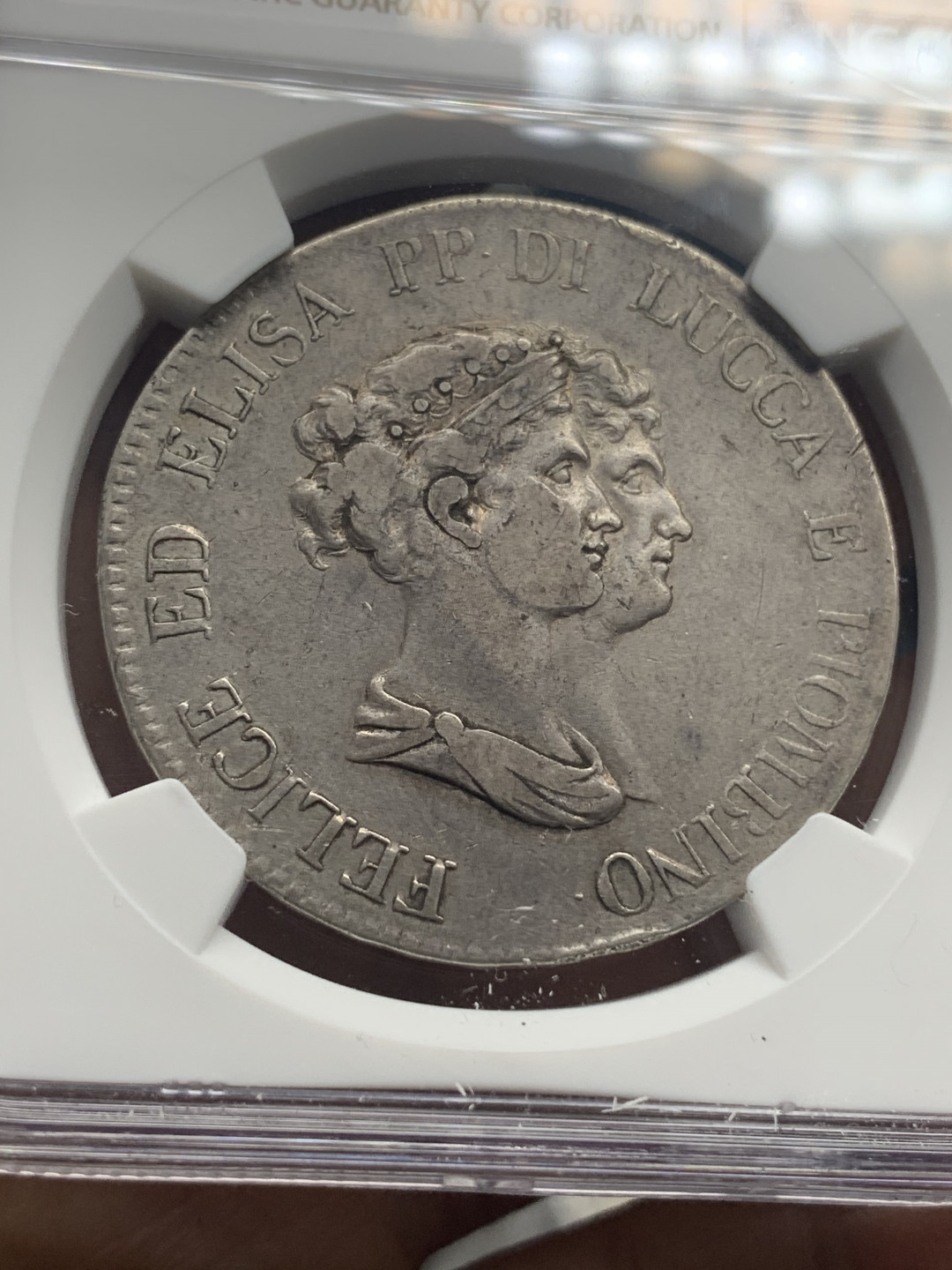 《竞宝斋》钱币微拍-第26场 元旦特刊（全场顺丰包邮） NGC-VF35 意大利卢卡 1806年 5法郎 大银币 原味老包浆 比这枚高分的也就7枚 很难出分