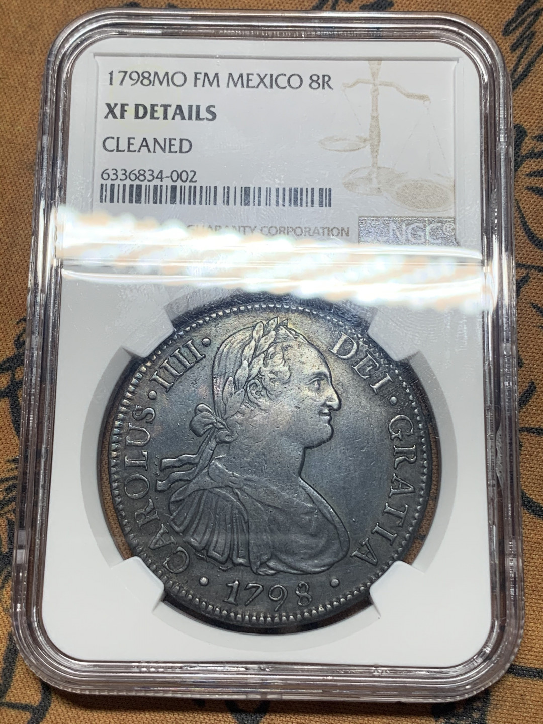 《竞宝斋》钱币微拍-第26场 元旦特刊（全场顺丰包邮） 1798年西属墨西哥卡洛斯四世双柱8R，NGC评级XFD 无戳好品