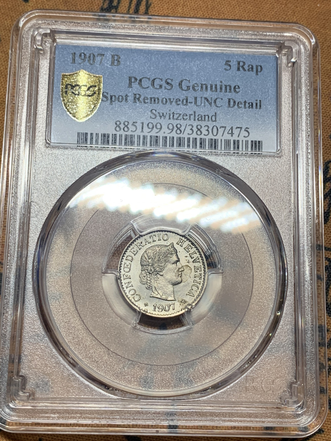《竞宝斋》钱币微拍-第26场 元旦特刊（全场顺丰包邮） 瑞士1907年赫尔维蒂女神5R PCGS-UNC一战前早期年份少⻅，完美品未流通看不出为什么给98
