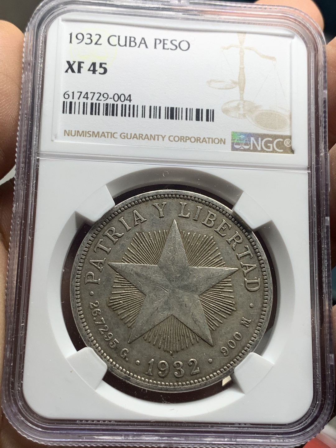 《竞宝斋》钱币微拍-第26场 元旦特刊（全场顺丰包邮） NGC-XF45 古巴 1932年 大五星1比索 原味大银币