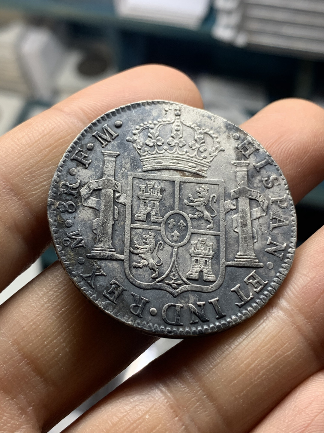 《竞宝斋》钱币微拍-第26场 元旦特刊（全场顺丰包邮）  1791 年 墨西哥 卡四 双柱 8R 大银币 味道不错，细节见图 26.6克 38.3mm直径