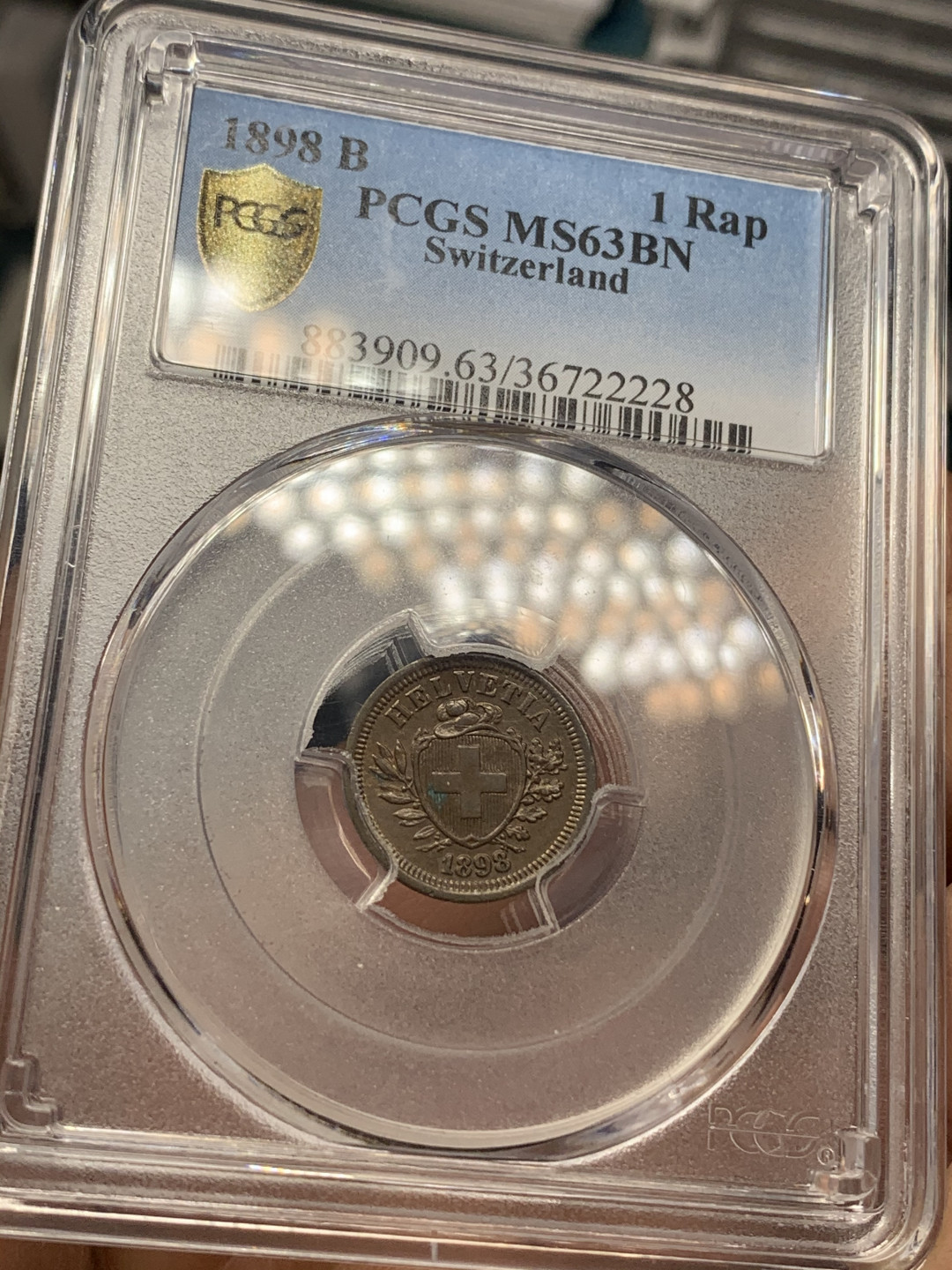 《竞宝斋》钱币微拍-第26场 元旦特刊（全场顺丰包邮） 瑞士1898年十字1R PCGS-MS63BN，19世纪瑞士铜币好品很少⻅，高分难得，目录价高