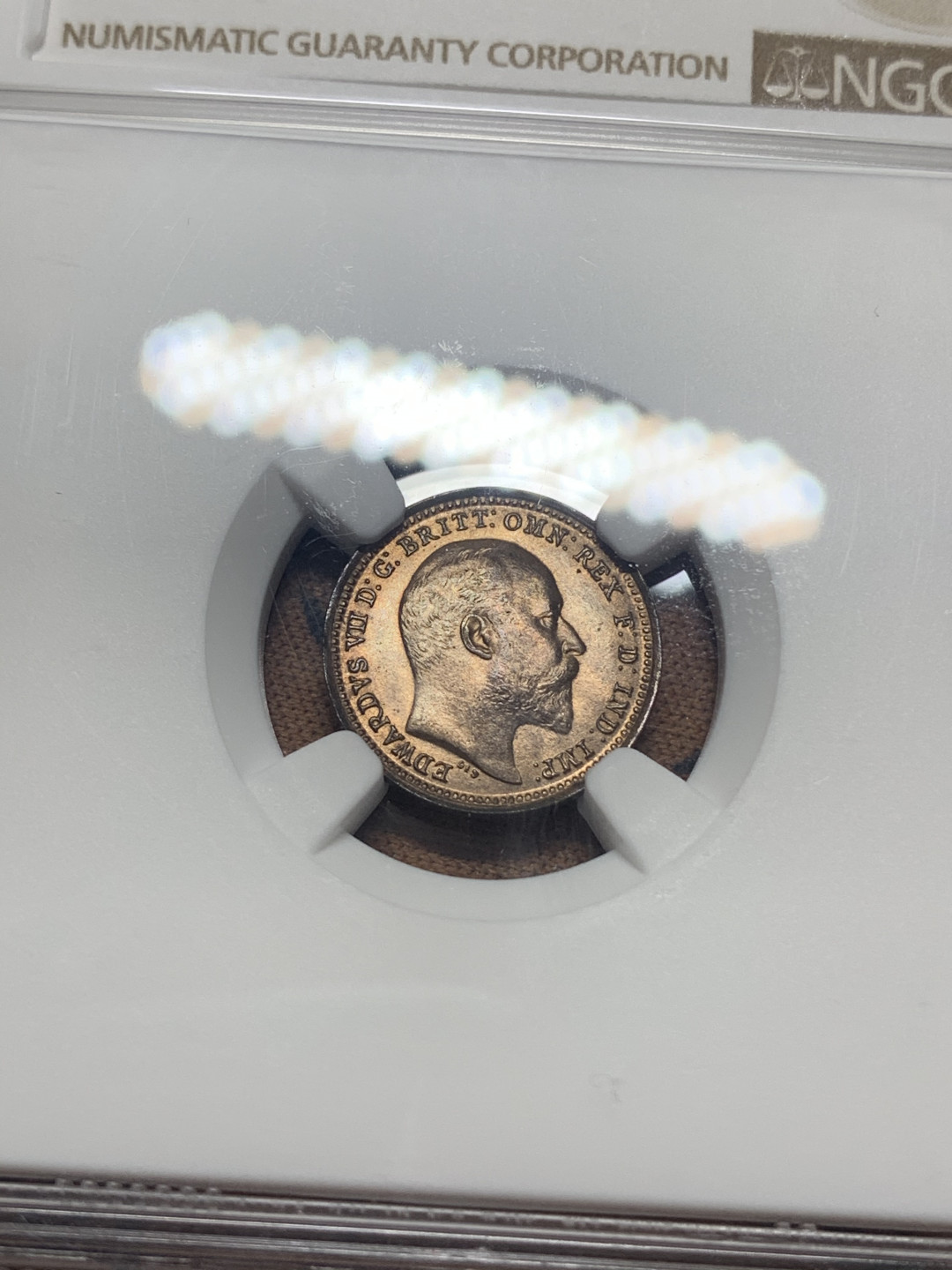 《竞宝斋》钱币微拍-第26场 元旦特刊（全场顺丰包邮） NGC-MS65RB 英国 1902 爱德华七世 1/3法新小铜币 高分品相 细节极佳 胡须及头发清晰可见 最小面值 高分好品较少见