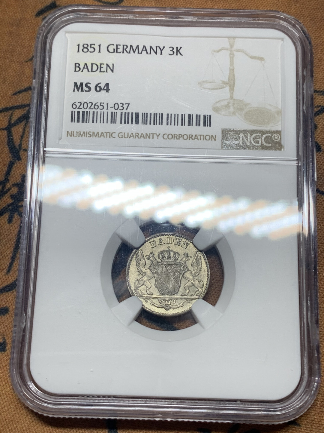 《竞宝斋》钱币微拍-第26场 元旦特刊（全场顺丰包邮） NGC MS64 德国 1851年 巴登 3K 银币 第三名