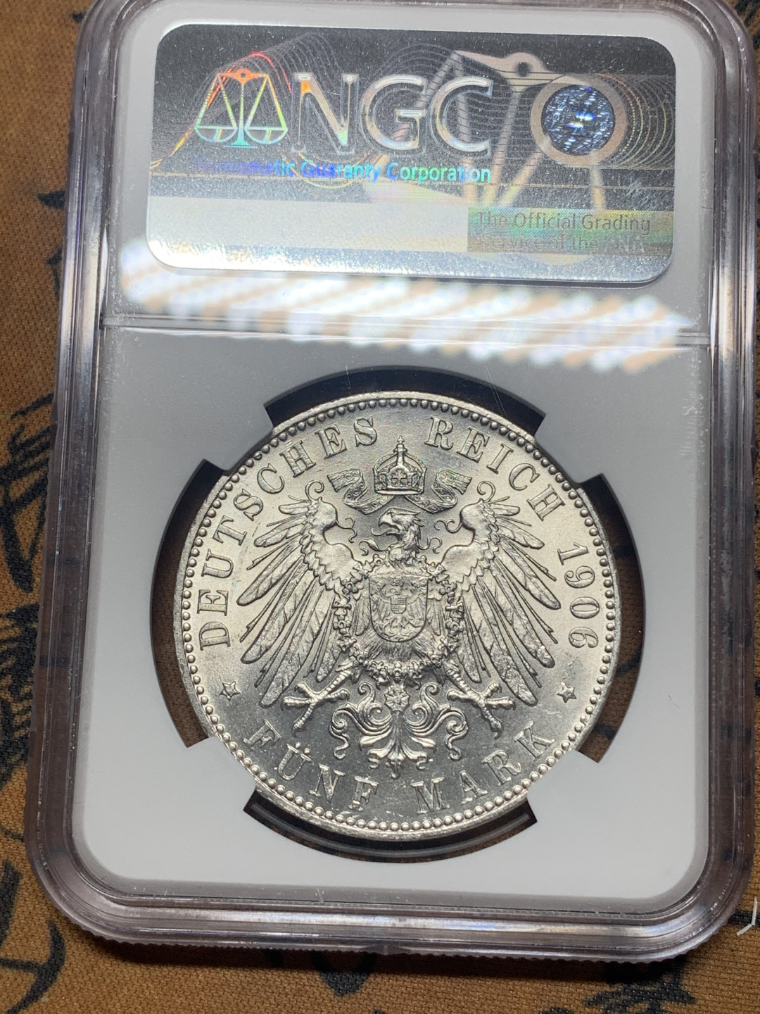 《竞宝斋》钱币微拍-第26场 元旦特刊（全场顺丰包邮） NGC-MS64 德国不莱梅 1906-J年 双狮盾牌 5马克 大银币 原光顶级品相
