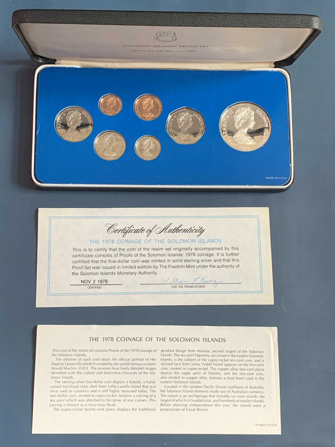 《竞宝斋》钱币微拍-第26场 元旦特刊（全场顺丰包邮） 原盒证书 所罗门1978年 7枚套精制币 5元面值是925大银 富兰克林造币厂 发型量5122套 少见