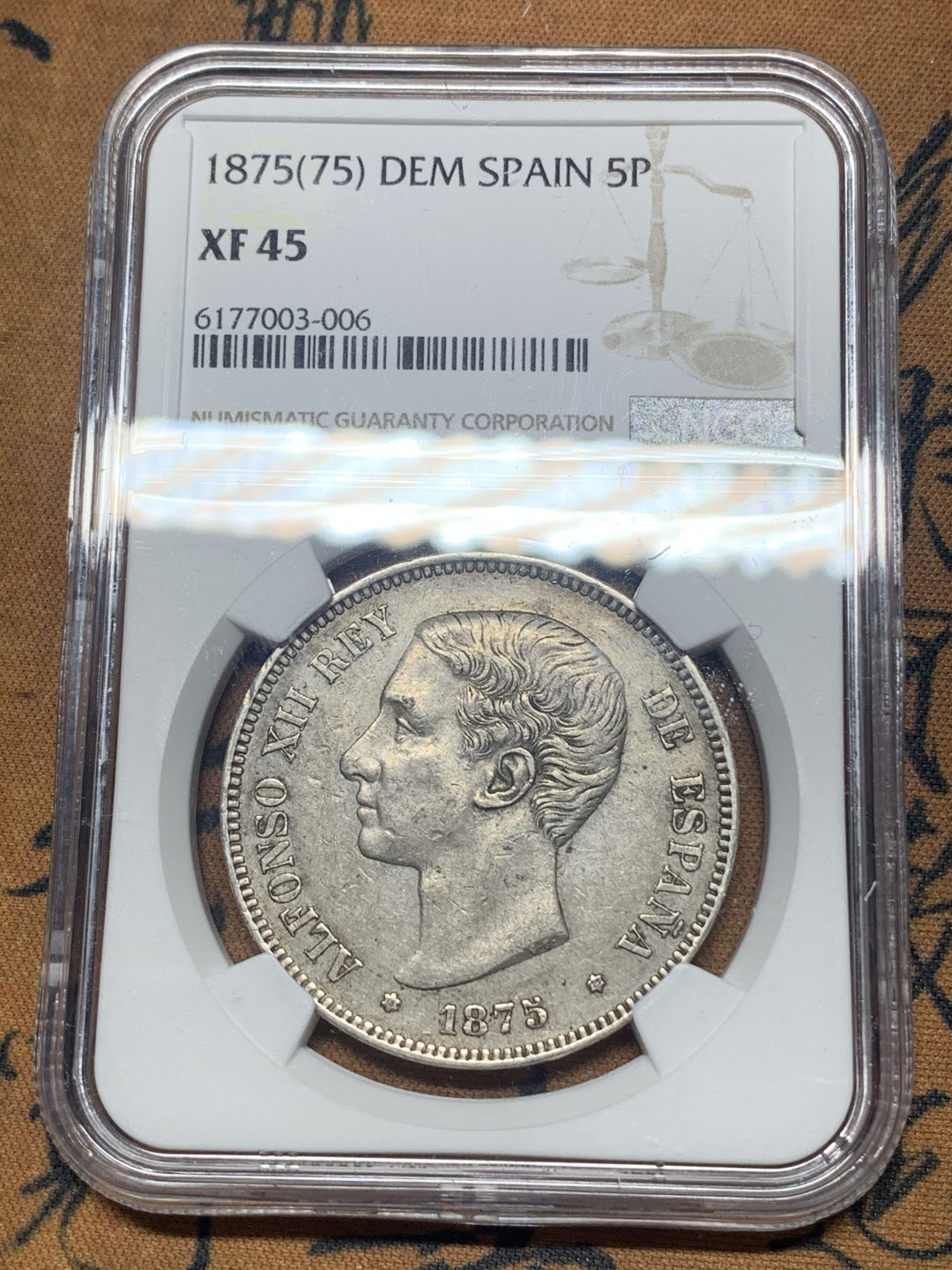 《竞宝斋》钱币微拍-第26场 元旦特刊（全场顺丰包邮） NGC-XF45 西班牙 1875年 阿方索十二世 5比塞塔 双柱大银币 原味品
