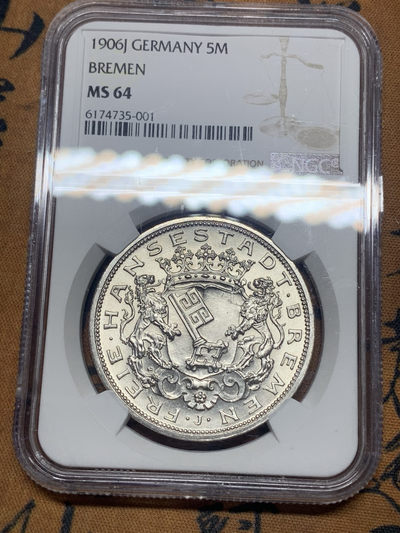 《竞宝斋》钱币微拍-第26场 元旦特刊（全场顺丰包邮） - NGC-MS64 德国不莱梅 1906-J年 双狮盾牌 5马克 大银币 原光顶级品相