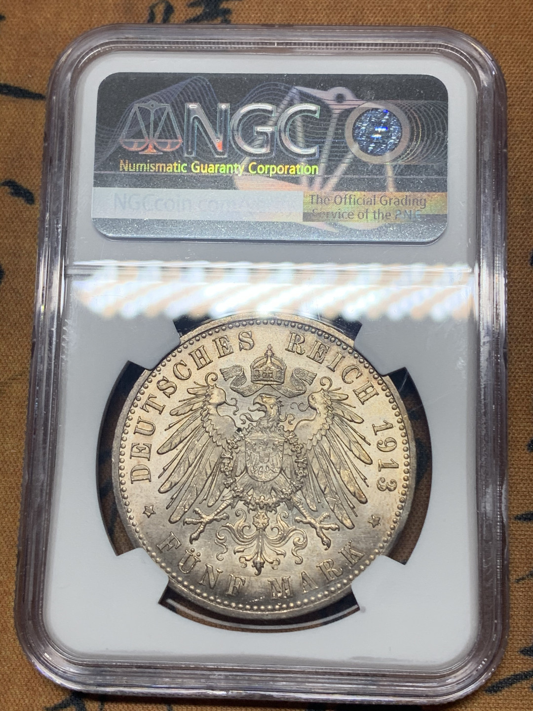 《竞宝斋》钱币微拍-第26场 元旦特刊（全场顺丰包邮） NGC-MS61 德国普鲁士 1913年 5马克 军装版 原光带彩好品