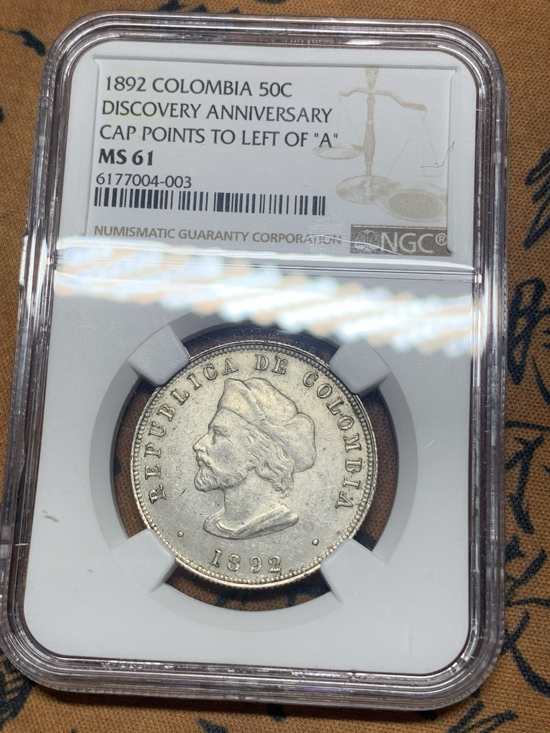 《竞宝斋》钱币微拍-第26场 元旦特刊（全场顺丰包邮） NGC-MS61 哥伦比亚 1892年 发现美洲400周年纪念 50分 银币 原光好品 较少见