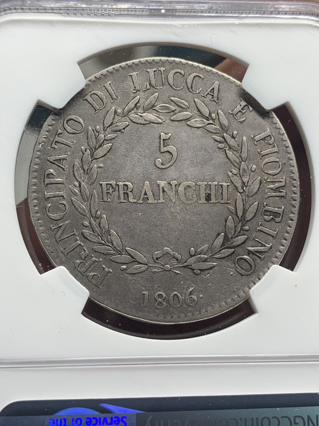 《竞宝斋》钱币微拍-第26场 元旦特刊（全场顺丰包邮） NGC-VF35 意大利卢卡 1806年 5法郎 大银币 原味老包浆 比这枚高分的也就7枚 很难出分