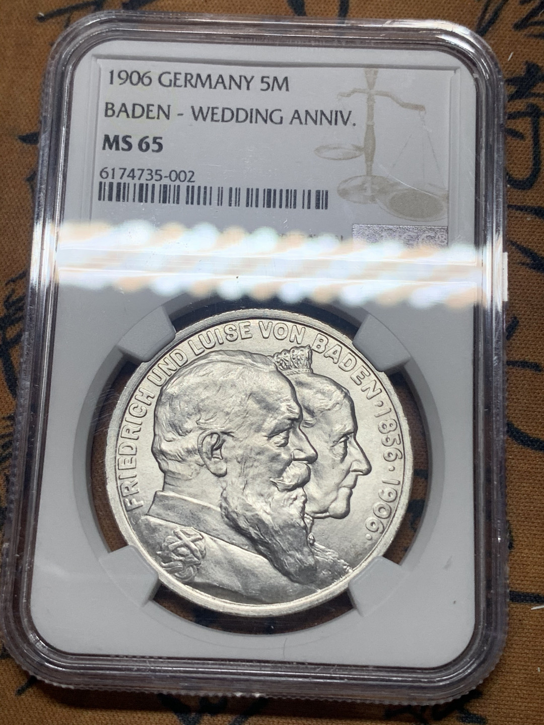 《竞宝斋》钱币微拍-第26场 元旦特刊（全场顺丰包邮） NGC-MS65 德国巴登 1906年 金婚纪念 5马克 大银币顶级品相