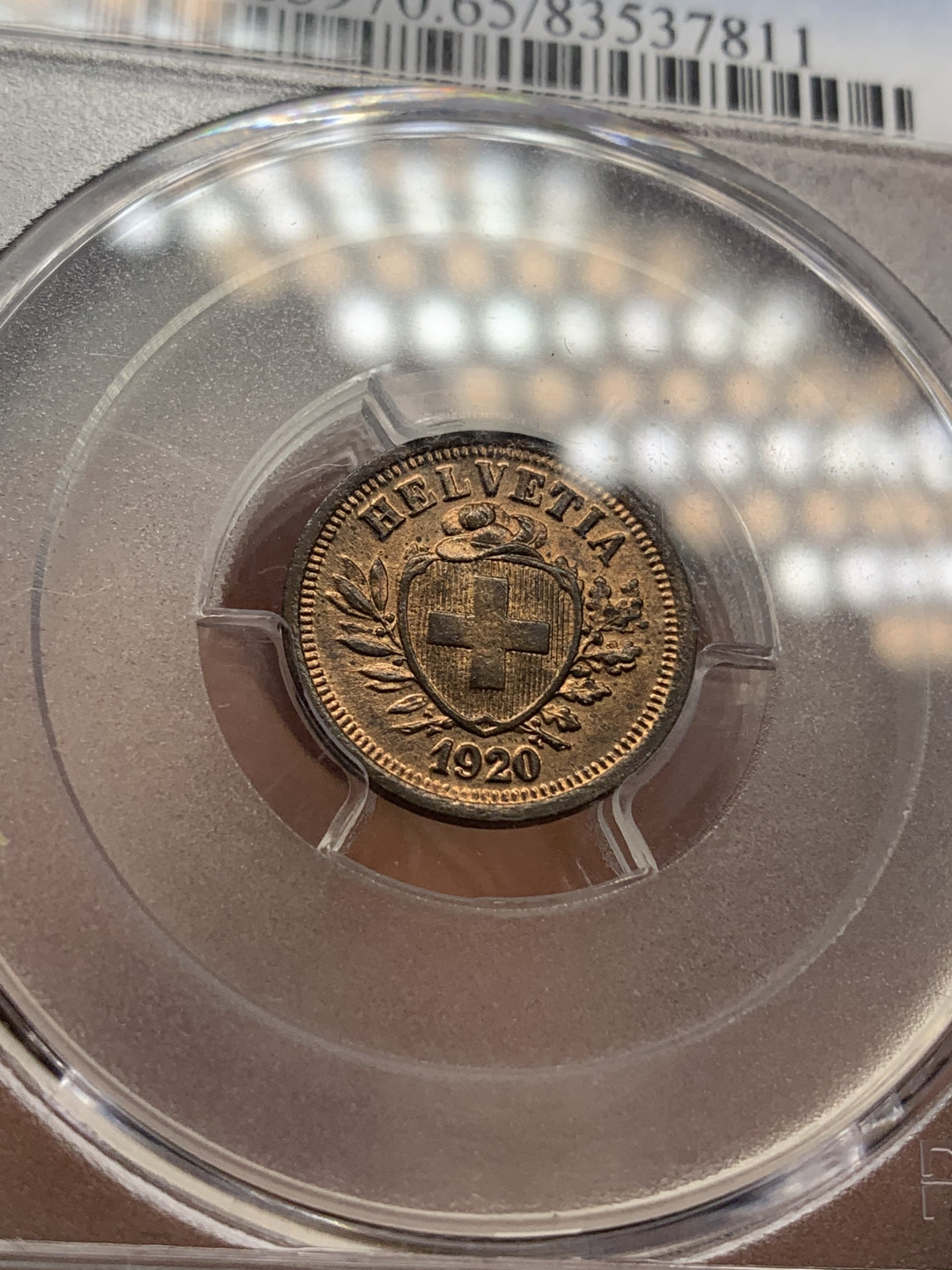《竞宝斋》钱币微拍-第26场 元旦特刊（全场顺丰包邮） 瑞士1920年十字1R PCGS-MS65RB早期年份，唯一冠军分，铜光足