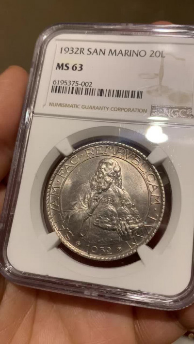 《竞宝斋》钱币微拍-第26场 元旦特刊（全场顺丰包邮） NGC-MS63 圣马力诺 1932-R年 20里拉 大银币 原光带金彩 一流的状态
