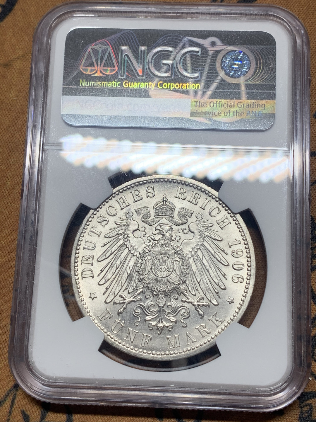 《竞宝斋》钱币微拍-第26场 元旦特刊（全场顺丰包邮） NGC-MS65 德国巴登 1906年 金婚纪念 5马克 大银币顶级品相