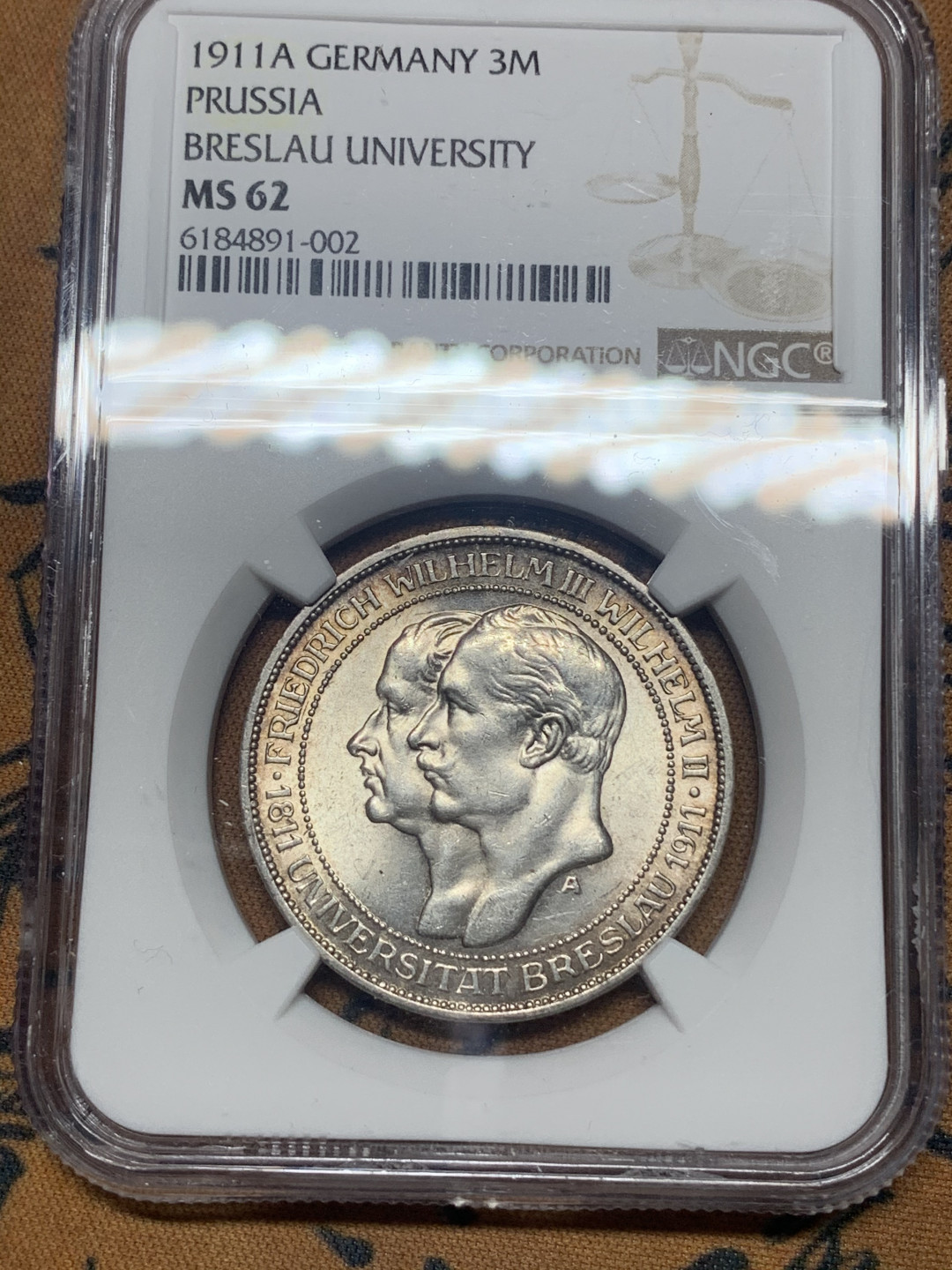 《竞宝斋》钱币微拍-第26场 元旦特刊（全场顺丰包邮） ngc ms62 德国1911年大学纪念3马克银币（低评）