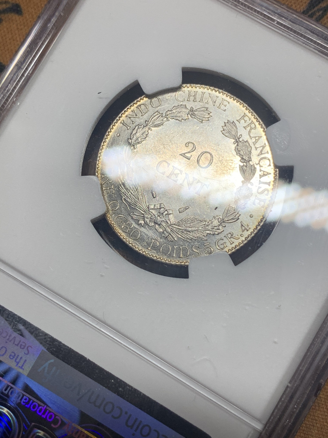 《竞宝斋》钱币微拍-第26场 元旦特刊（全场顺丰包邮） NGC-MS61 1937年法属印支坐洋20分 镜面底板