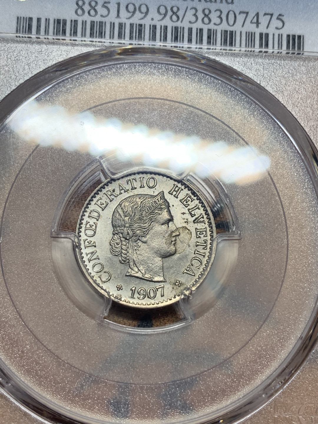 《竞宝斋》钱币微拍-第26场 元旦特刊（全场顺丰包邮） 瑞士1907年赫尔维蒂女神5R PCGS-UNC一战前早期年份少⻅，完美品未流通看不出为什么给98