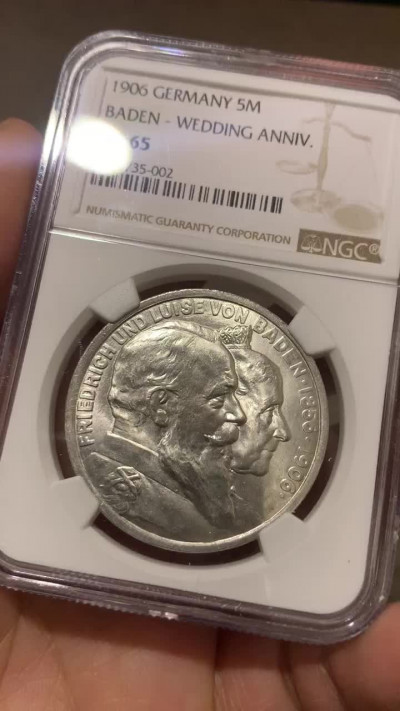 《竞宝斋》钱币微拍-第26场 元旦特刊（全场顺丰包邮） NGC-MS65 德国巴登 1906年 金婚纪念 5马克 大银币顶级品相
