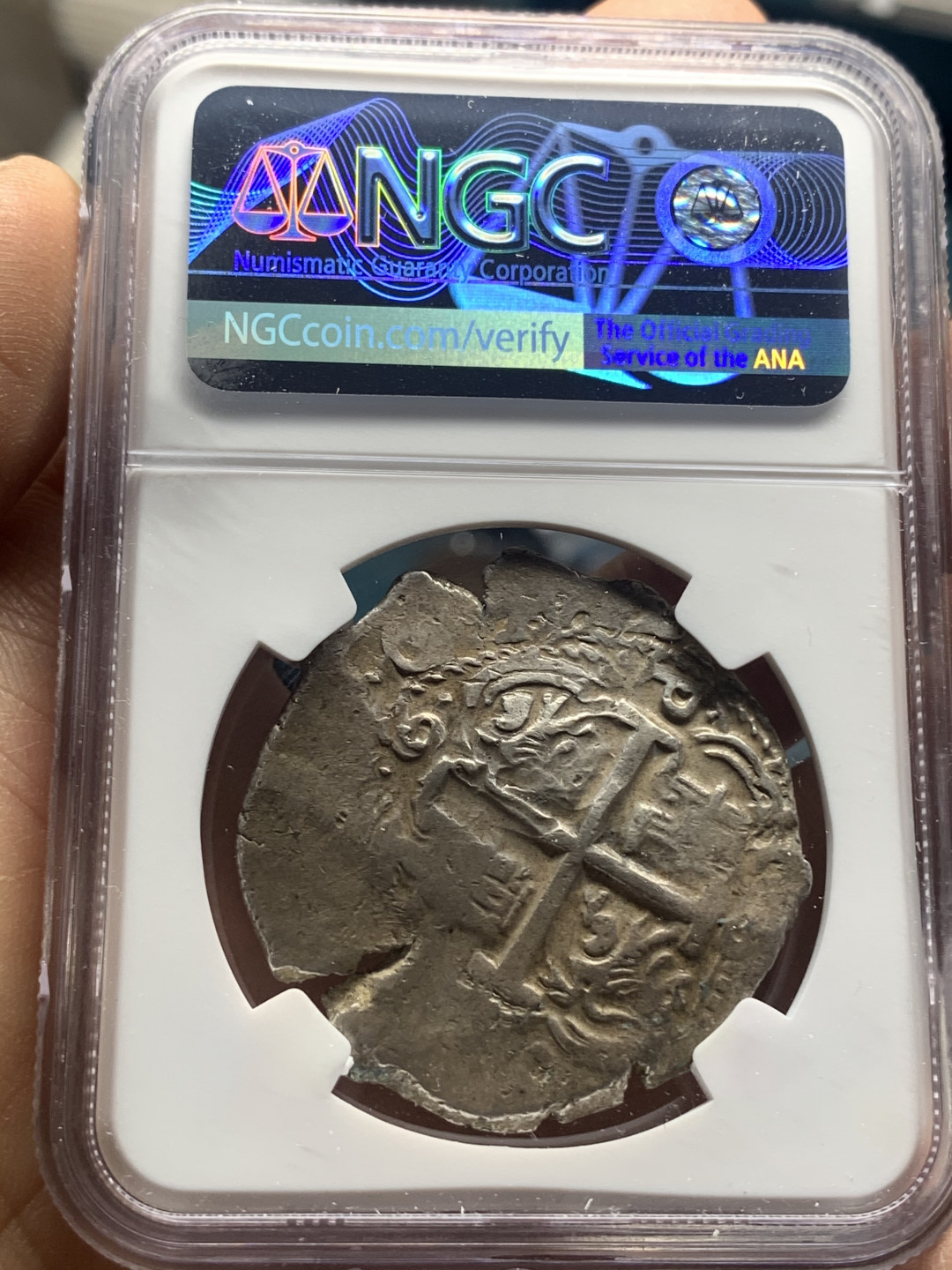 《竞宝斋》钱币微拍-第26场 元旦特刊（全场顺丰包邮） 唯一冠军 NGC-AU53 西属玻利维亚 1693-VR 卡洛斯二世 8R 手打币 年份厂名清晰打制深俊 一步到位品相