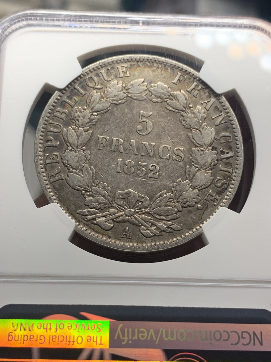 《竞宝斋》钱币微拍-第26场 元旦特刊（全场顺丰包邮） NGC-VF 法国 1852-A年 拿破仑光头版 5法郎 大银币 黑白阴阳包浆