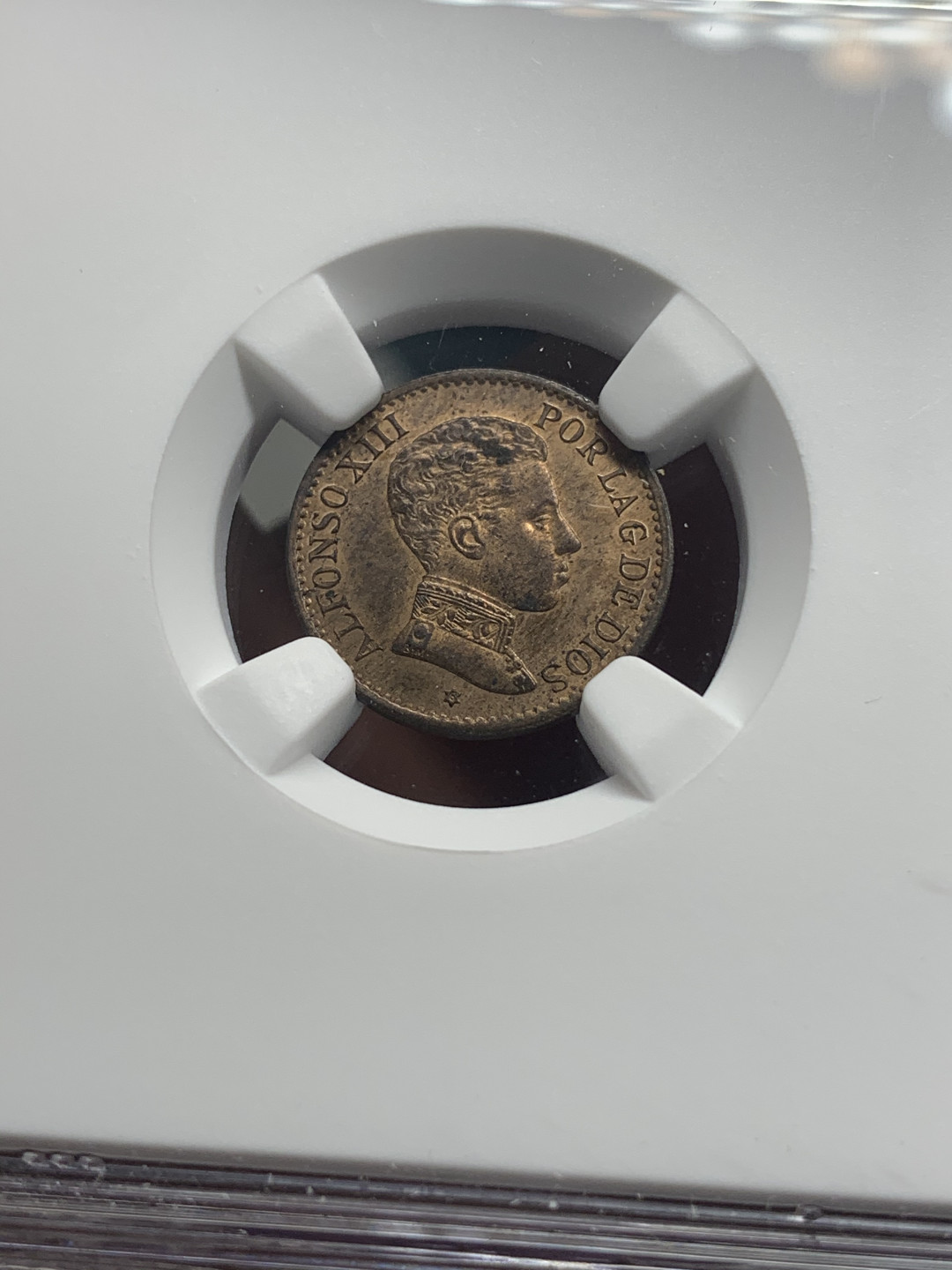 《竞宝斋》钱币微拍-第26场 元旦特刊（全场顺丰包邮） NGC-MS62 西班牙 1906年 阿方索十三世 1分 铜币 原光好品