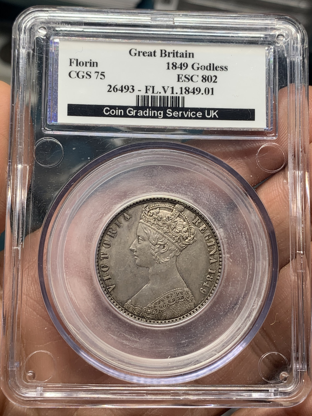 《竞宝斋》钱币微拍-第26场 元旦特刊（全场顺丰包邮） 1849年英国哥特体 无神弗洛林，英系著名品种。CGS评级75分，对照p8换成PCGS或者NGC的话是62分左右，细节到位