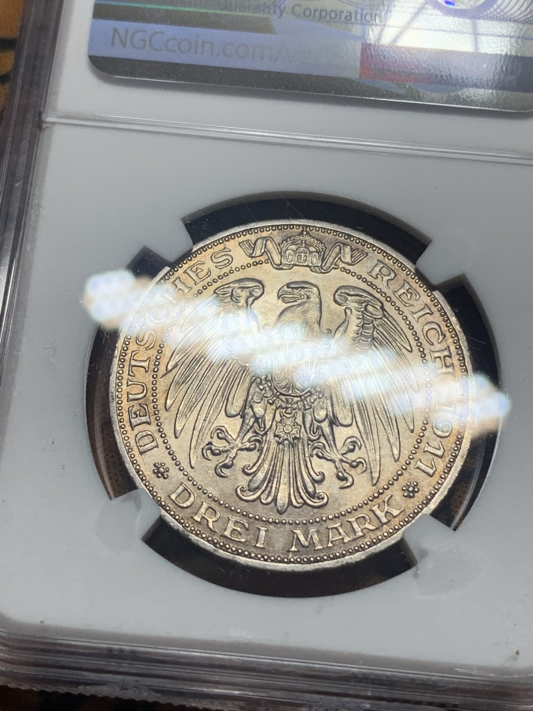 《竞宝斋》钱币微拍-第26场 元旦特刊（全场顺丰包邮） ngc ms62 德国1911年大学纪念3马克银币（低评）