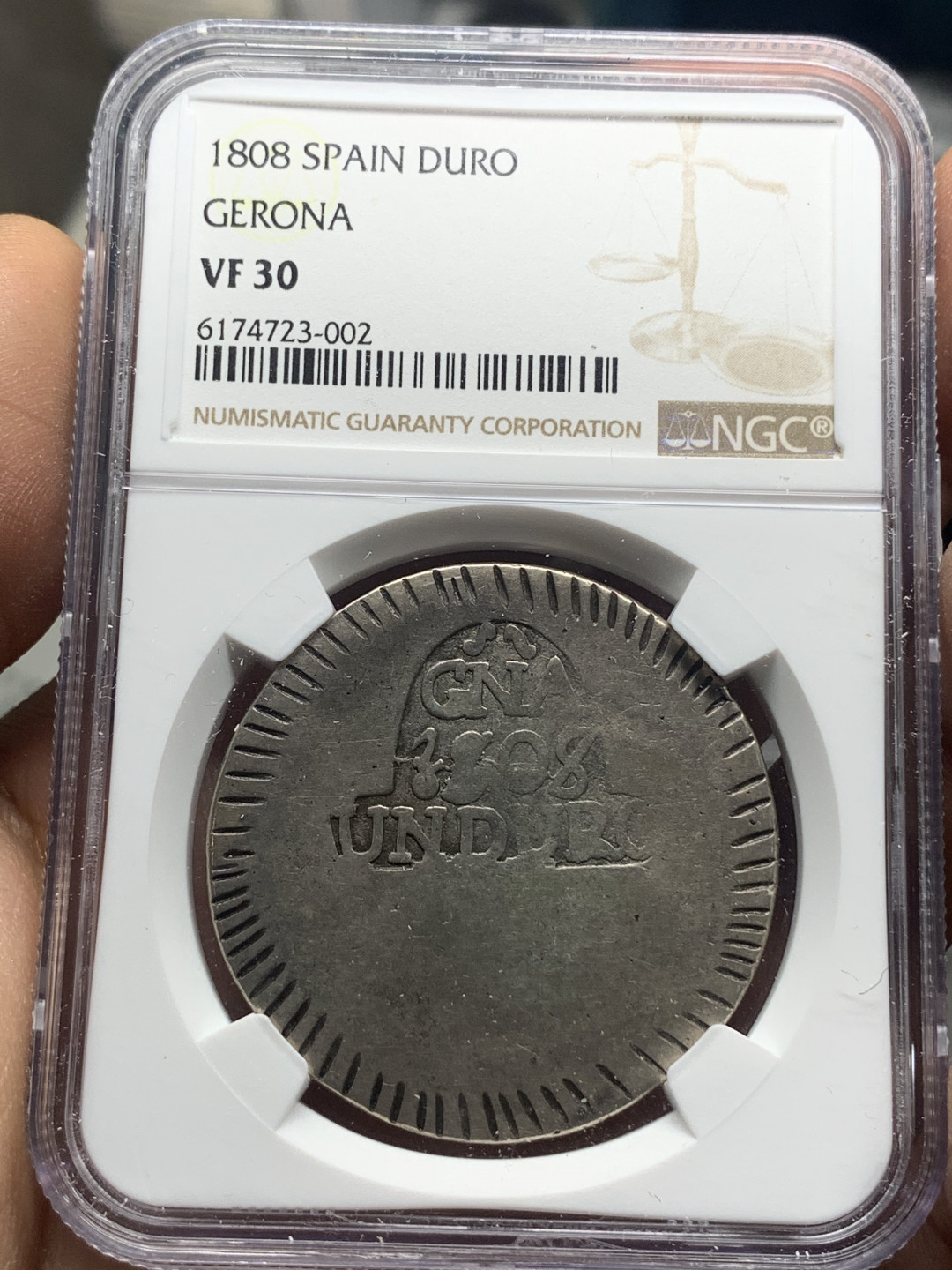 《竞宝斋》钱币微拍-第26场 元旦特刊（全场顺丰包邮） NGC-VF30 西班牙 1808年 赫罗纳围城币 1DURO 大银币 原味好品 围城币相当于国内的军阀币很难出分