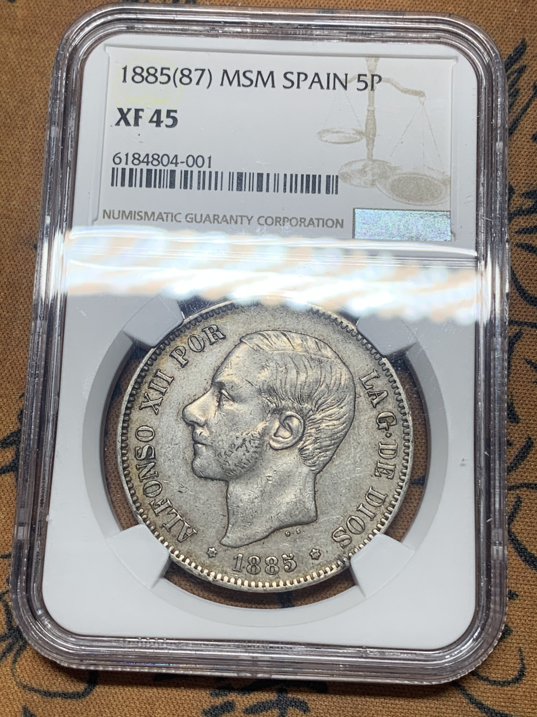 《竞宝斋》钱币微拍-第26场 元旦特刊（全场顺丰包邮） NGC-XF45 西班牙 1885年 阿方索十二世 5比塞塔 双柱大银币 原味品