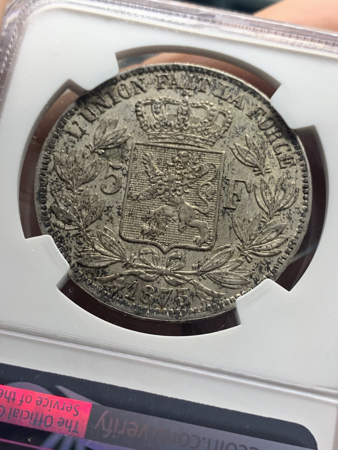 《竞宝斋》钱币微拍-第26场 元旦特刊（全场顺丰包邮） NGC-UNC 比利时 1873年 利奥波德二世 5法郎 大银币 酱彩带光 现在这样的包浆上海一律枪毙 美国本土给分