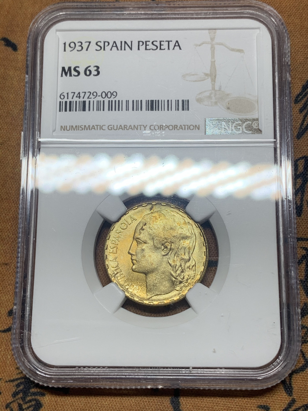 《竞宝斋》钱币微拍-第26场 元旦特刊（全场顺丰包邮） NGC-MS63 西班牙 1937年 内战1比塞塔 铜币 好品