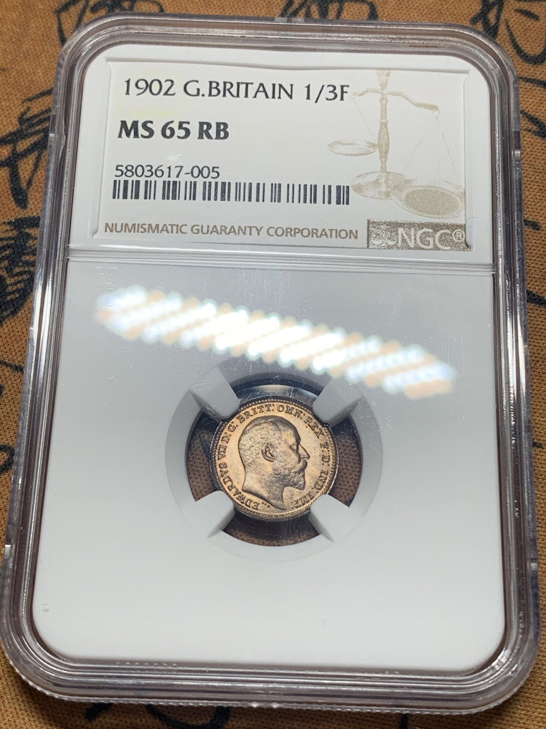 《竞宝斋》钱币微拍-第26场 元旦特刊（全场顺丰包邮） NGC-MS65RB 英国 1902 爱德华七世 1/3法新小铜币 高分品相 细节极佳 胡须及头发清晰可见 最小面值 高分好品较少见