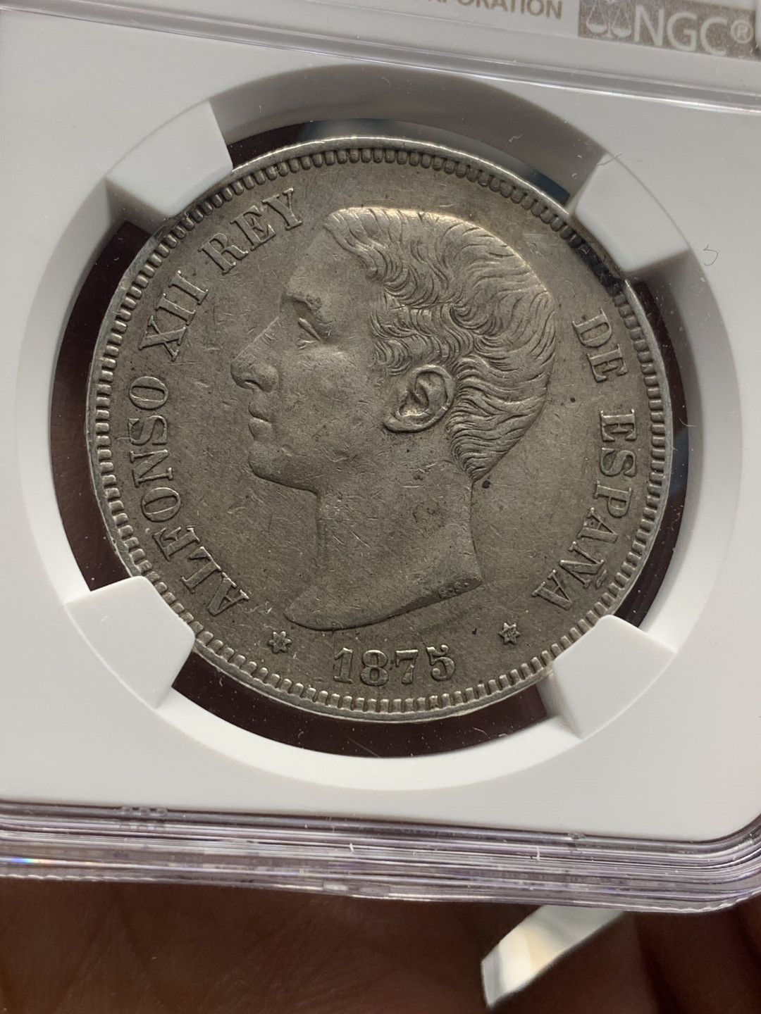 《竞宝斋》钱币微拍-第26场 元旦特刊（全场顺丰包邮） NGC-XF45 西班牙 1875年 阿方索十二世 5比塞塔 双柱大银币 原味品