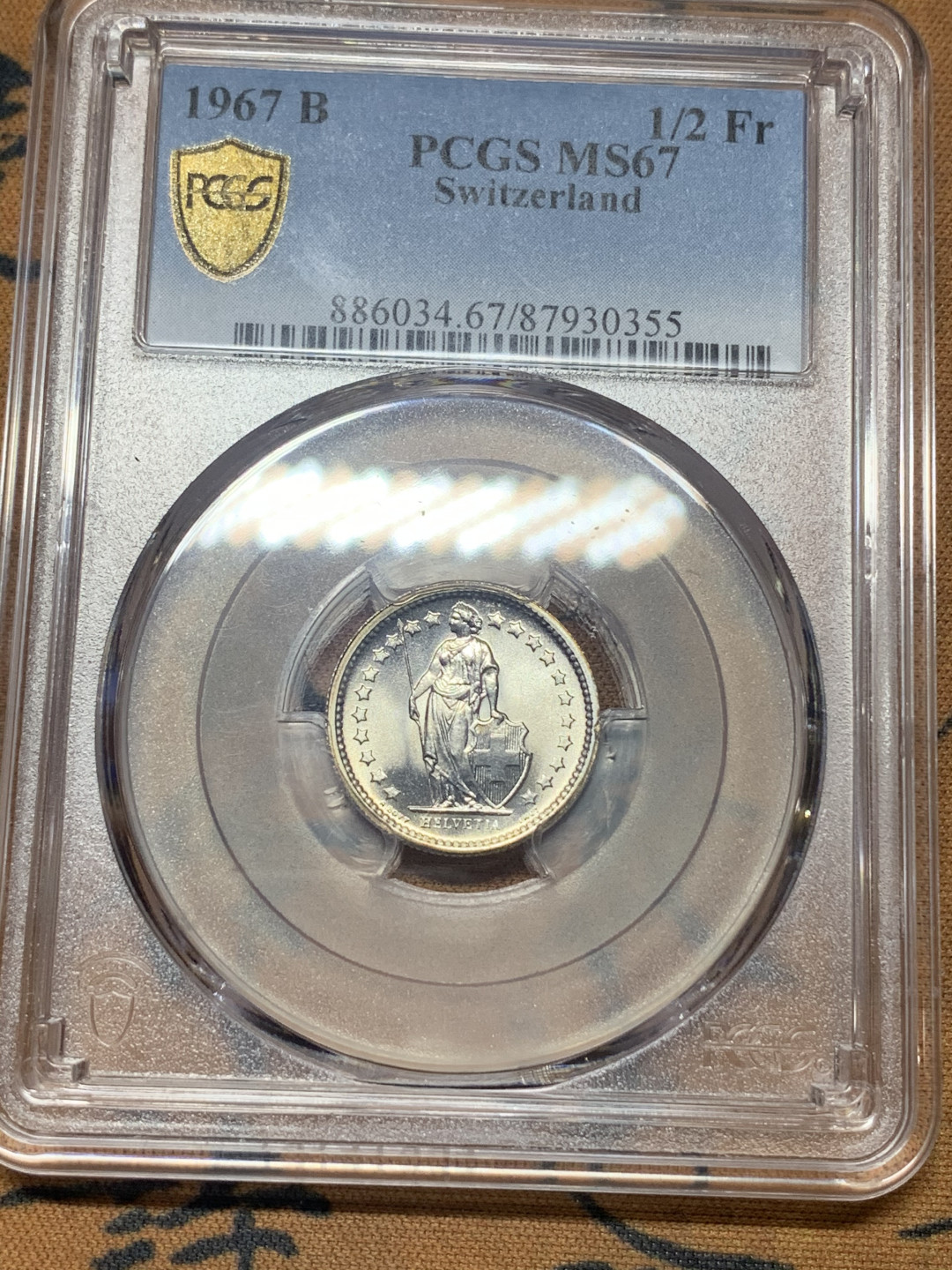 《竞宝斋》钱币微拍-第26场 元旦特刊（全场顺丰包邮） PCGS-MS67超高分！ 1967年瑞士1/2法郎银币 