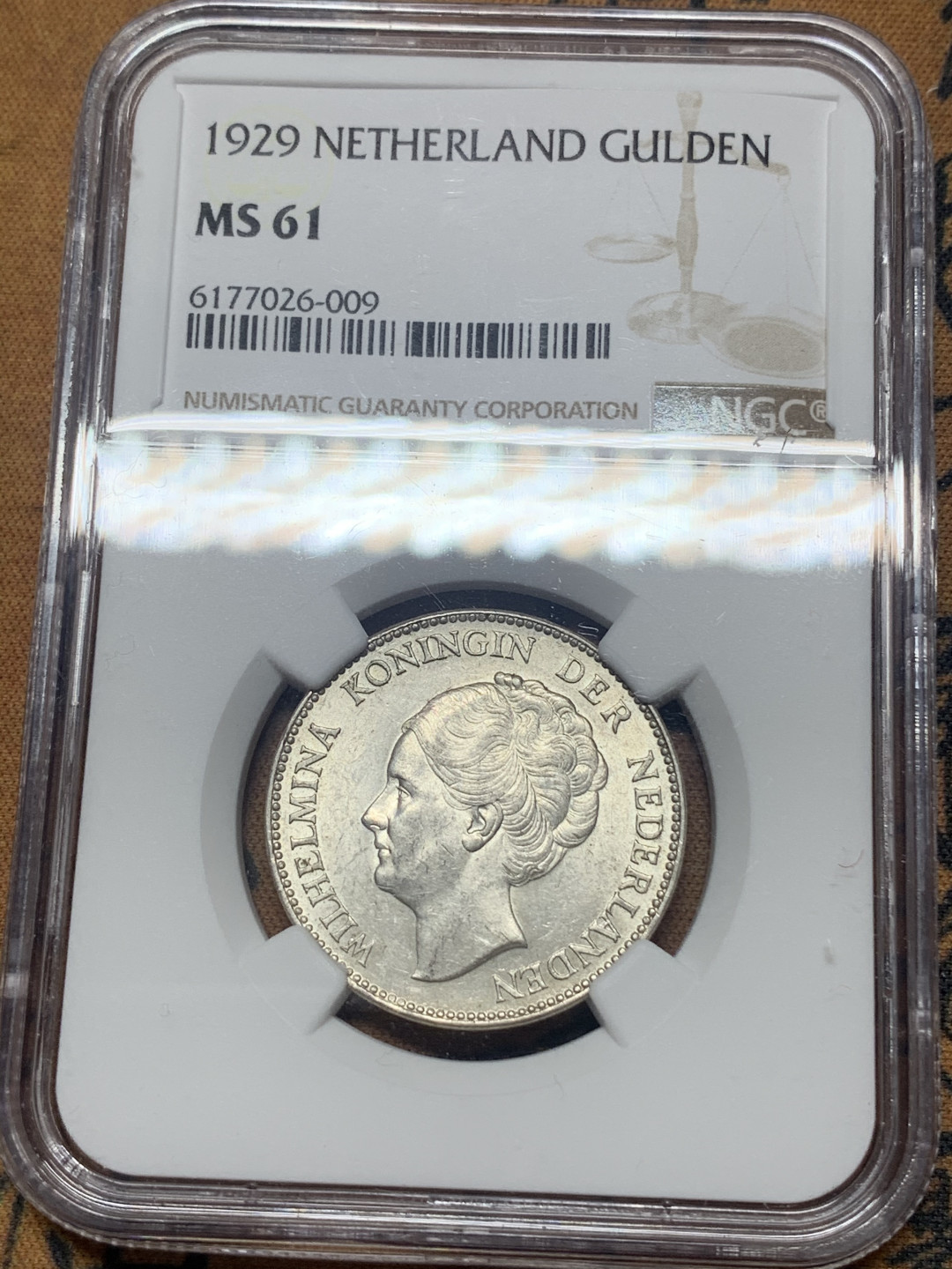 《竞宝斋》钱币微拍-第26场 元旦特刊（全场顺丰包邮） NGC-MS61 荷兰 1929年 威廉米娜女王 1盾 原光好品