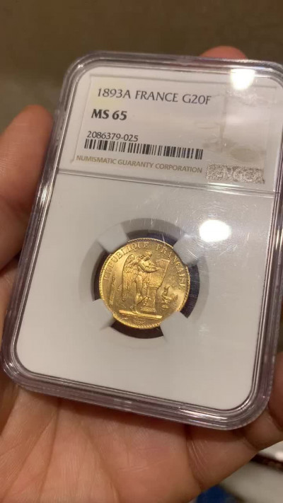 《竞宝斋》钱币微拍-第26场 元旦特刊（全场顺丰包邮） NGC-MS65 法国1893年20法郎天使金币  顶级高分，65难得一见 状态太赞
